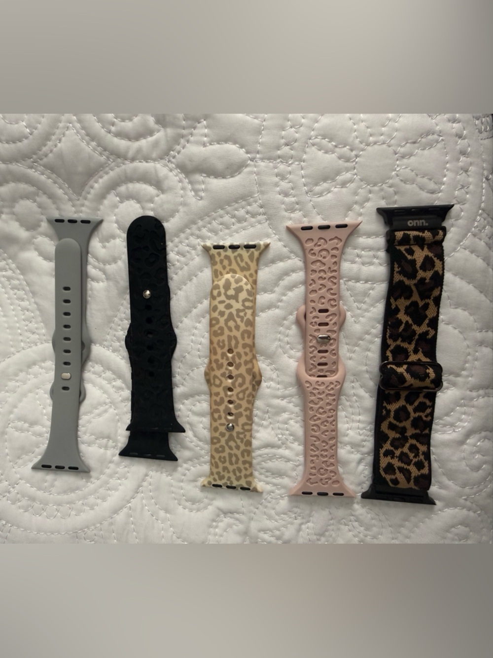 Assorted Apple Watch Bands - Gray, Black, Leopard, Pink